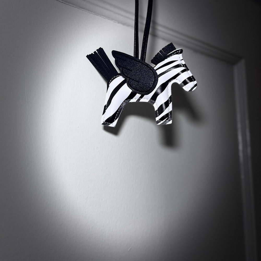 Zebra Stripe Leather bag Charm Necklace - Black & White